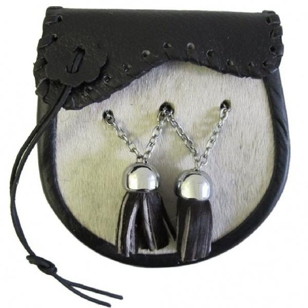 Boys White Cowhide Kilt Sporran With Shaped Flap & V Tassels