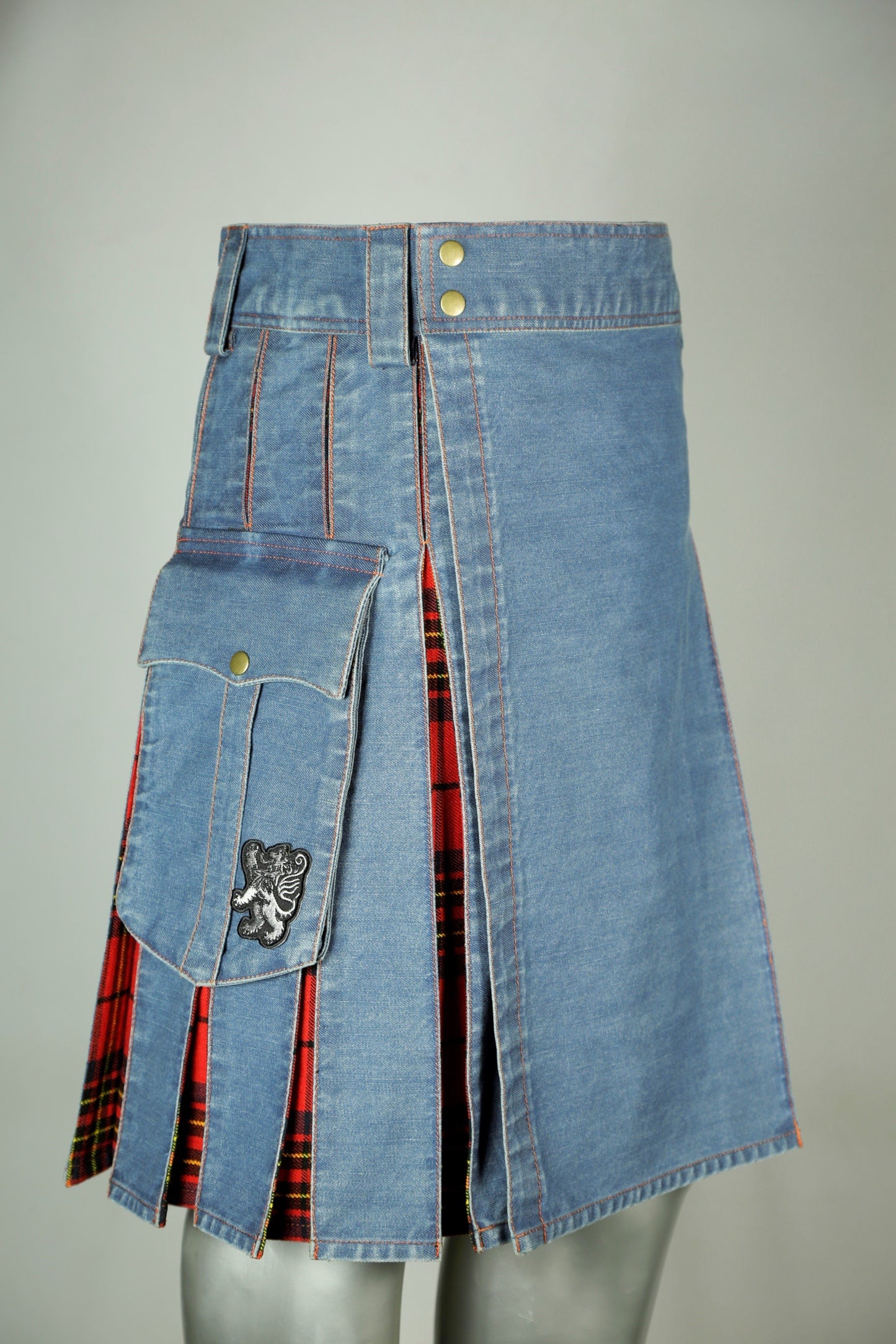 Washed Denim Tartan Kilt - Left Side View
