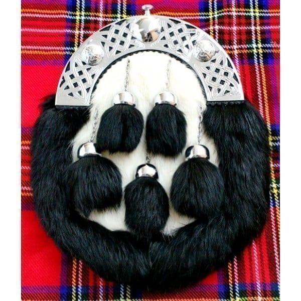 Black and White Full Dress Rabbit Fur Sporran with five tassels