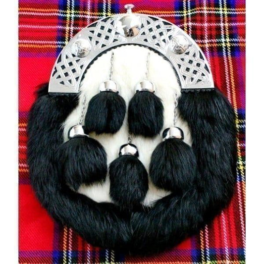 Black and White Full Dress Rabbit Fur Sporran with five tassels