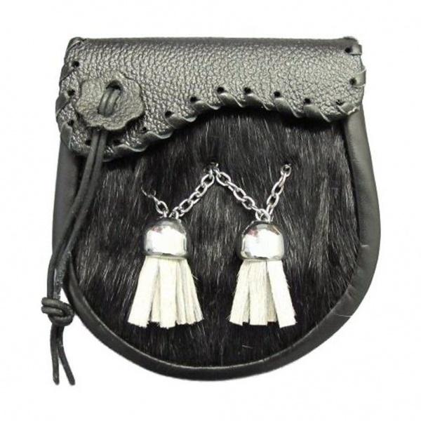 Boys Black Cowhide Kilt Sporran Shaped Flap & Tassels