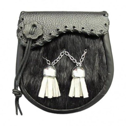 Boys Black Cowhide Kilt Sporran Shaped Flap & Tassels