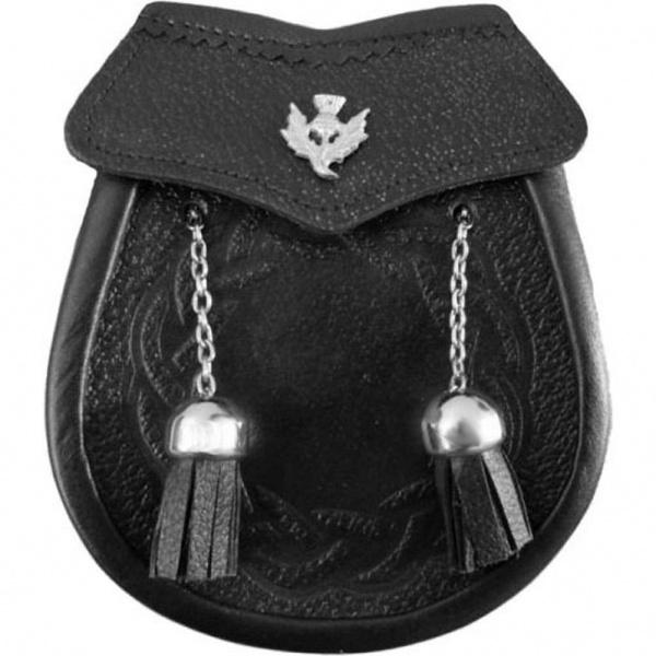 Boys Celtic Embossed Leather Kilt Sporran Thistle On Flap