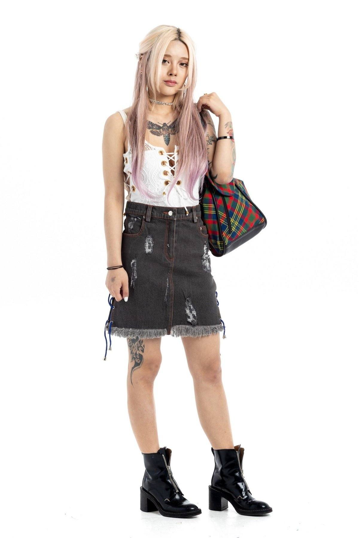 DENIM KILT WITH LACE STRING