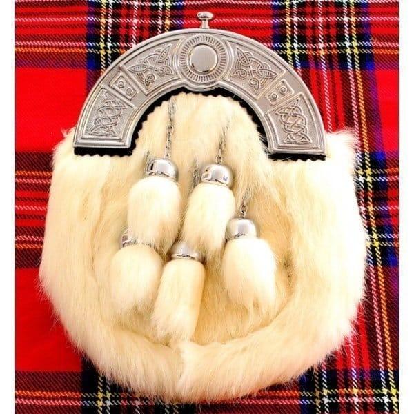 Full Dress White Rabbit Fur Sporran with Five Tassels