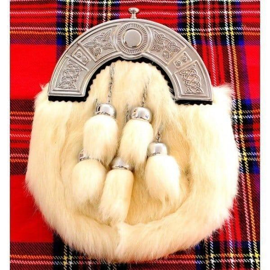 Full Dress White Rabbit Fur Sporran with Five Tassels