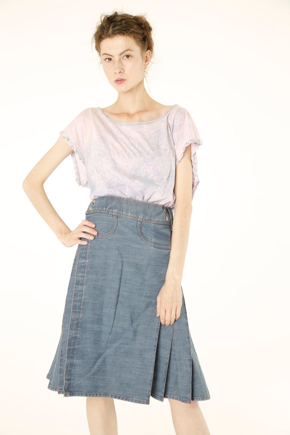 Women Denim Pleated Long Skirt