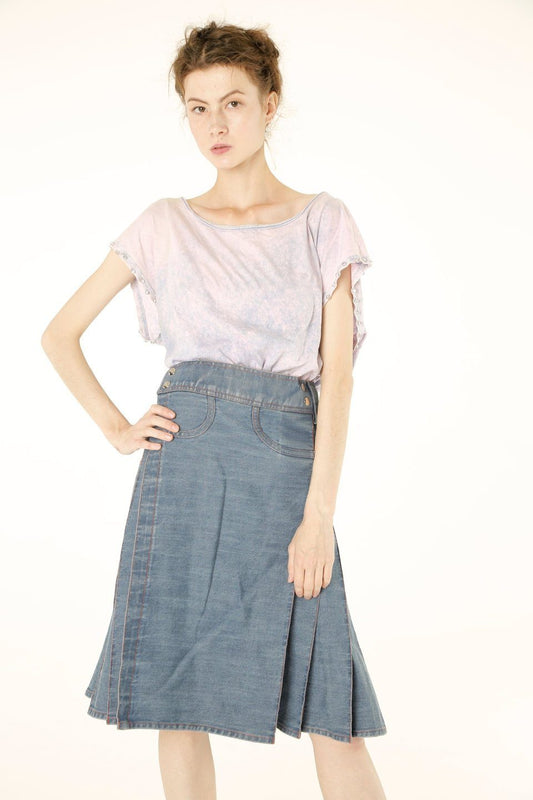Women Denim Pleated Long Skirt