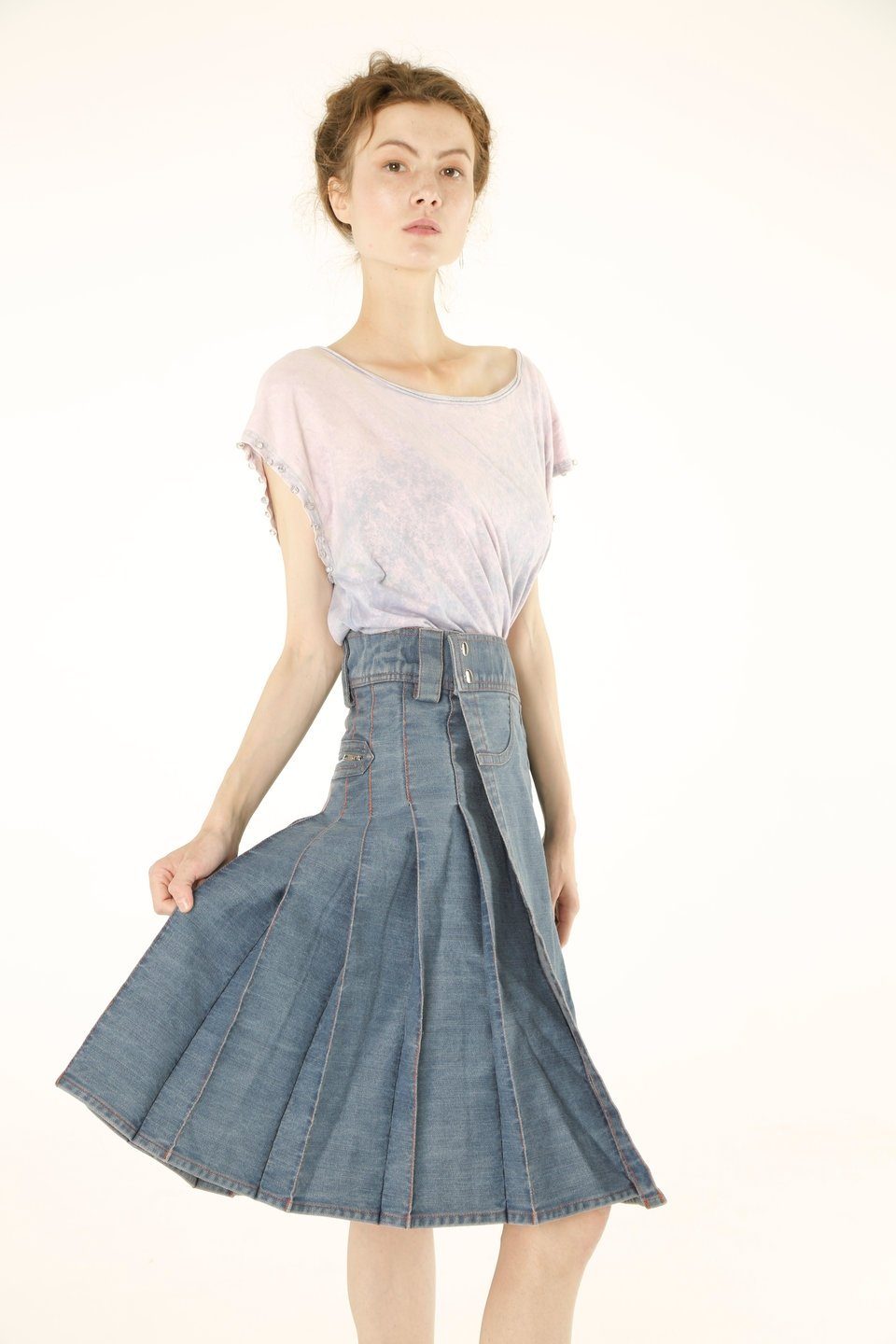Women Denim Pleated Long Skirt